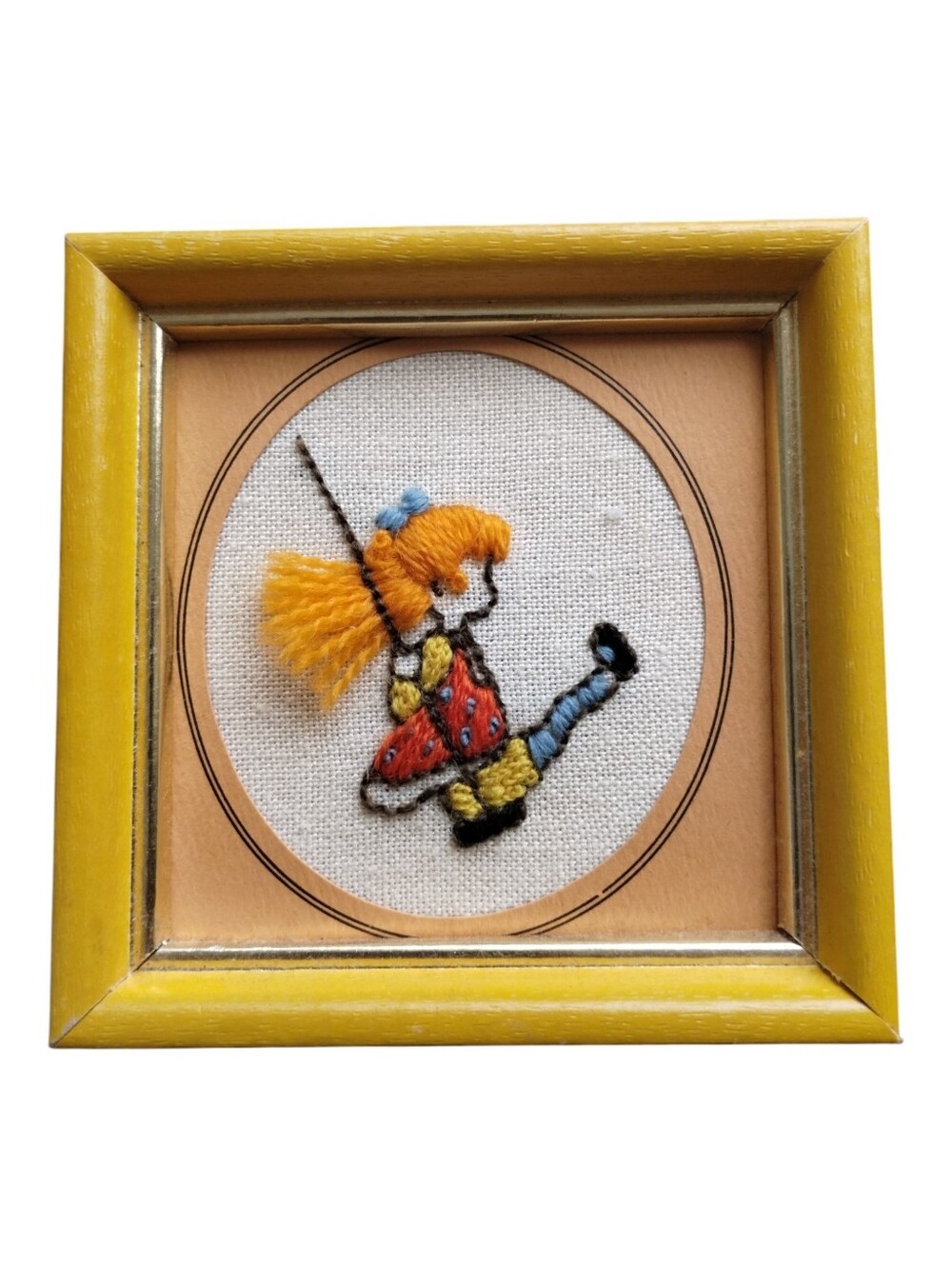 Vintage 1970s Framed Crewel Embroidery Art Little Girl on Swing Whimsical